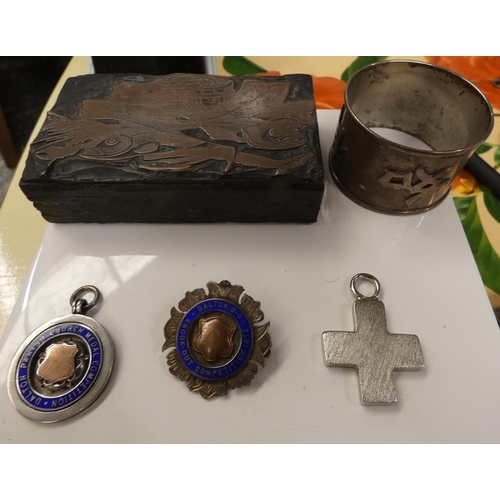 362 - Various items including Chinese napkin ring, printing block, medals, etc.