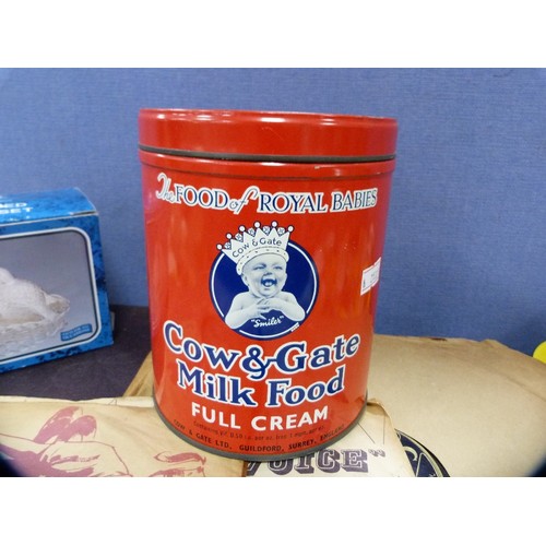 14 - Black Forest-style bear, African tribal-style spoon, vintage Cow & Gate tin, 78rpm records, Pear... 