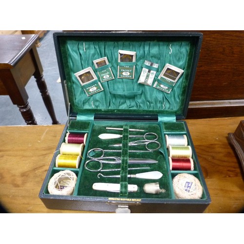 14A - Carved jewellery box containing coins, cased sewing kit and 'A Present from Dumfries' box.
