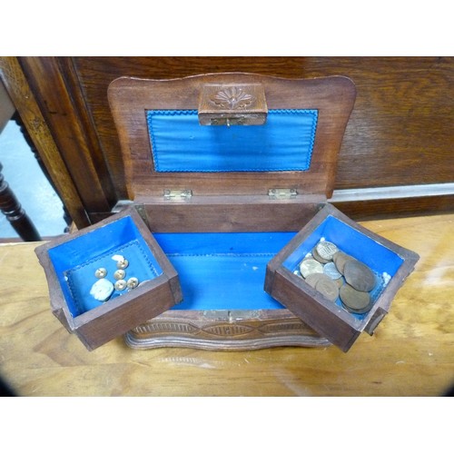 14A - Carved jewellery box containing coins, cased sewing kit and 'A Present from Dumfries' box.