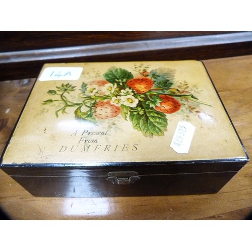 14A - Carved jewellery box containing coins, cased sewing kit and 'A Present from Dumfries' box.