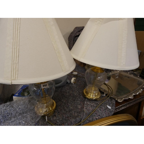 397 - Pair of modern glass table lamps (electrical testing / re-wiring required).