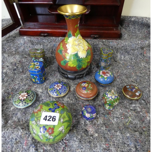 426 - Collection of cloisonné trinket boxes and  a larger vase.