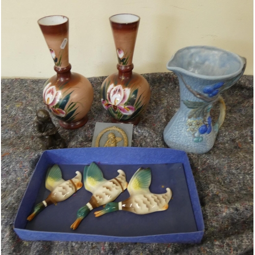 434 - Two painted glass vases, Art Deco vase, flying ducks etc.