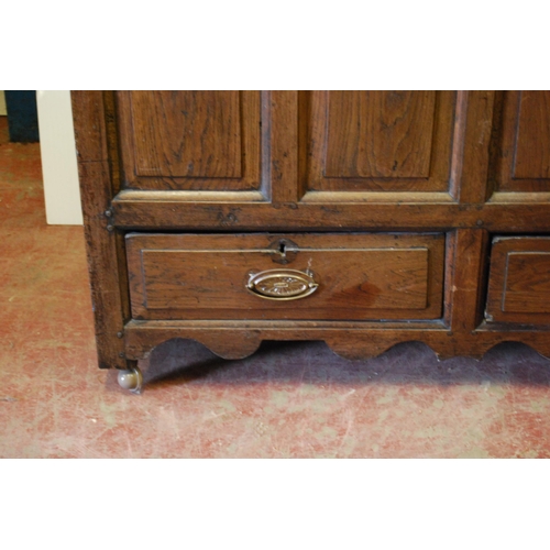 375 - George II oak and elm coffer with hinged top, inscribed to the frieze 'WCM 1731', above panelled fro... 