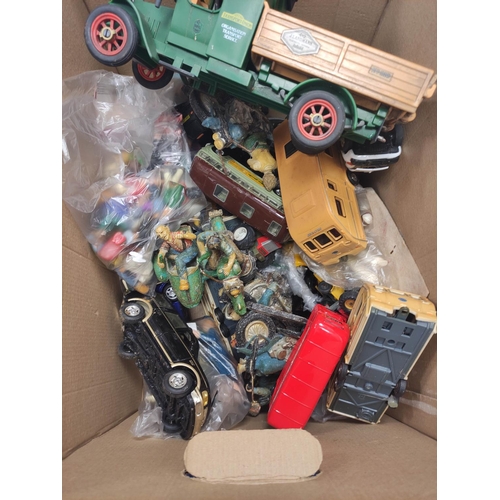 368 - Box of vintage toys to include die-cast vehicles by Saico and Playmobil.