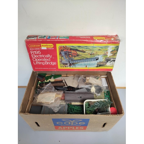 376 - Box of model railway track components and scenery to include a boxed Hornby R195 Electrically Operat... 