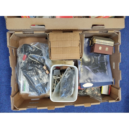 377 - Two boxes of model railway track components and scenery to include two boxed Hornby Zero 1 Slave Con... 