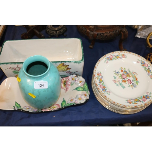 358 - Carlton Ware dish, Keeling & Co. plates, a Poole Pottery vase, and a planter.