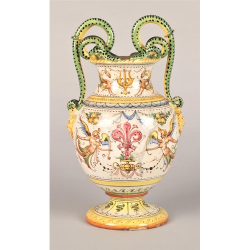 1 - Majolica style twin handled snake & mythological design hand painted urn vase