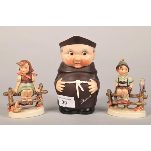 20 - Two Hummel figurines boy and girl on fence, and Hummel Goebel monk character jug (3)