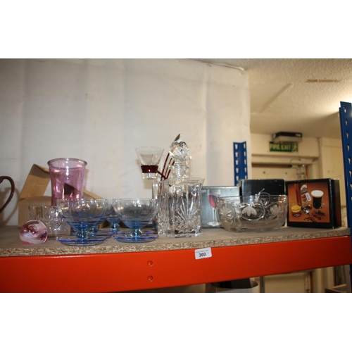 360 - Glassware to include decanters, blue dessert dishes, boxed Dartington coffee glasses, etc.