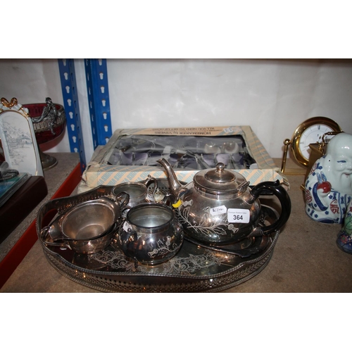 364 - Boxed flatware, a silver-plated tray, a teapot, etc.