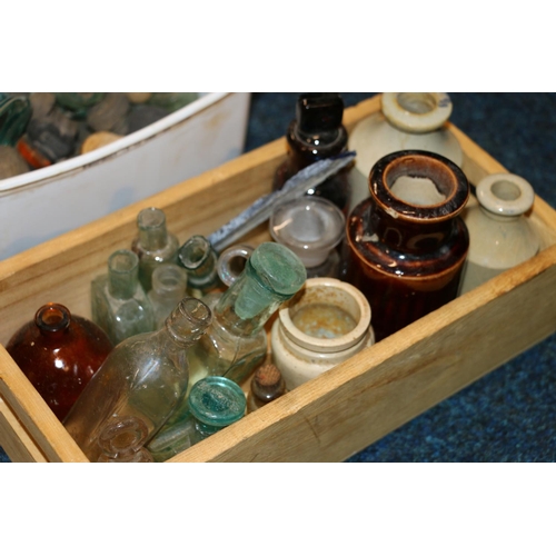 109 - Vintage glass, and stoneware, bottles and tops.