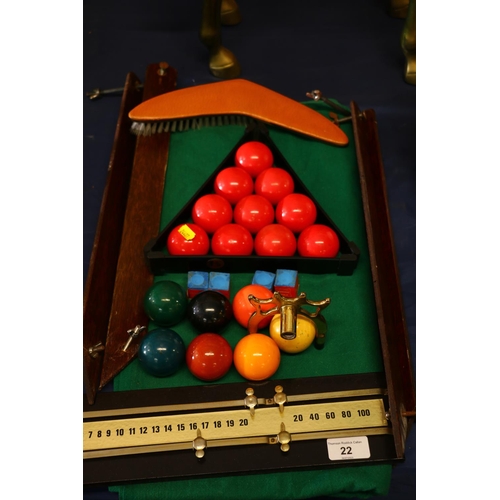 22 - Tabletop snooker game, with roll-out mat, scoreboard, etc.