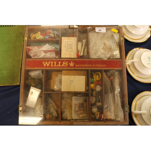 41 - Old Wills tobacco box containing fishing accessories to include flies, etc.