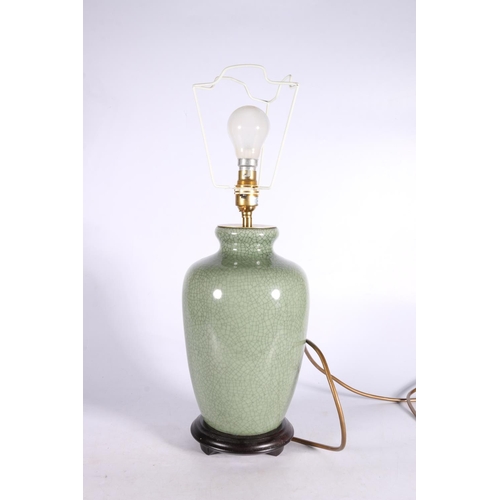 42 - Modern oriental celadon crackle glazed baluster table lamp, 31cm high. 