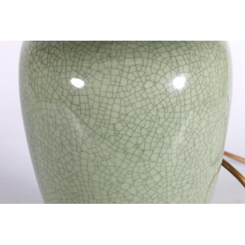 42 - Modern oriental celadon crackle glazed baluster table lamp, 31cm high. 