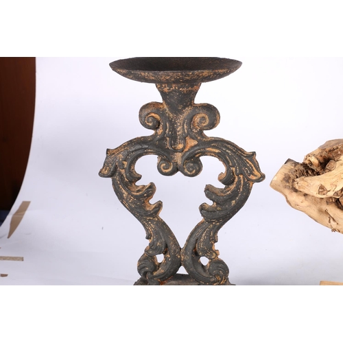 53 - Pair of metal scroll work candle stands, and a driftwood sculpture.