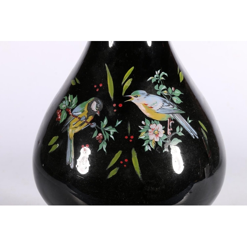 54 - Victorian overpainted glass oil lamp depicting an exotic bird.