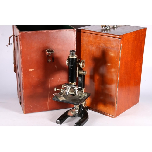 8 - Hearson of London monocular microscope, with additional lenses, in wooden travel case and leather ou... 