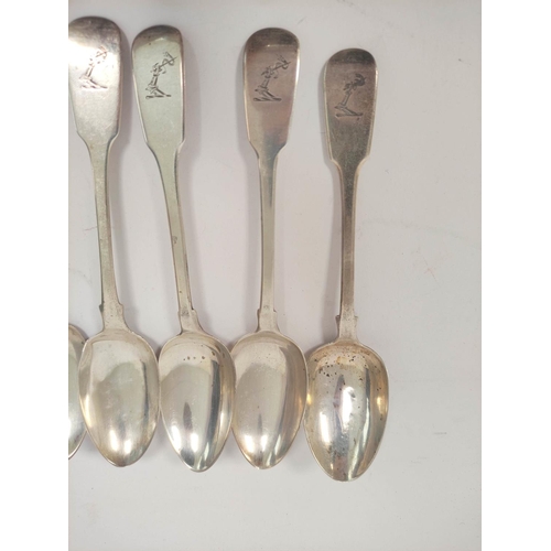 100 - Set of twelve silver dessert spoons, crested fiddle pattern, by C Cummins, Dublin, 1827, 280g.