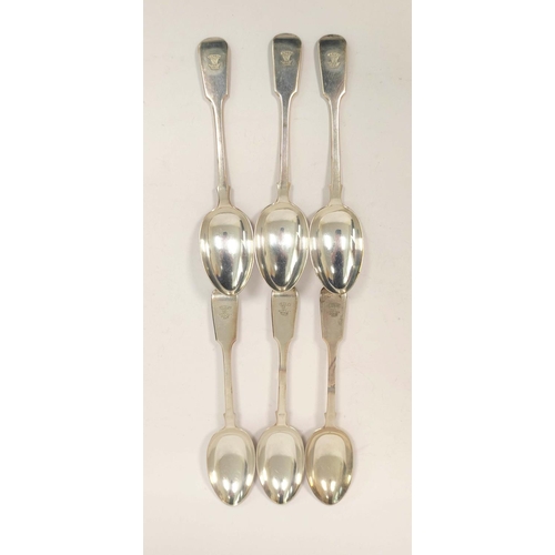 102 - Set of six silver fiddle pattern dessert spoons, crested, 1903, 306g.