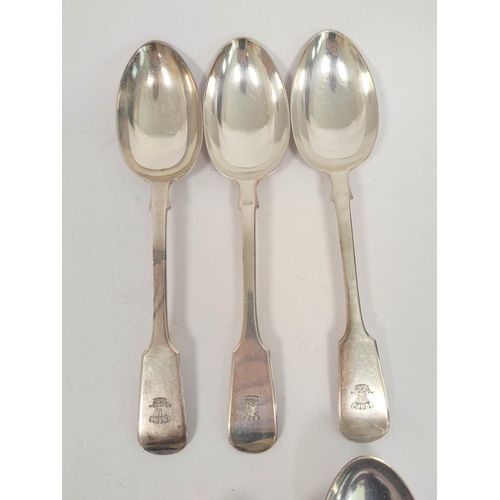 102 - Set of six silver fiddle pattern dessert spoons, crested, 1903, 306g.