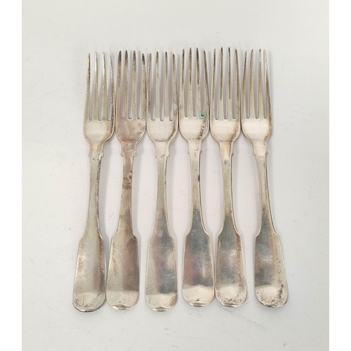 108 - Set of six silver table forks, fiddle pattern, crested, by Samuel Neville, Dublin 1840, 424g.