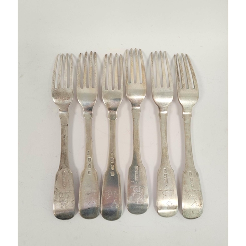 108 - Set of six silver table forks, fiddle pattern, crested, by Samuel Neville, Dublin 1840, 424g.