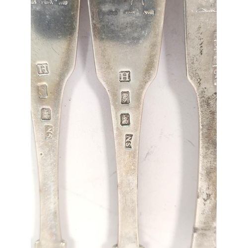 108 - Set of six silver table forks, fiddle pattern, crested, by Samuel Neville, Dublin 1840, 424g.