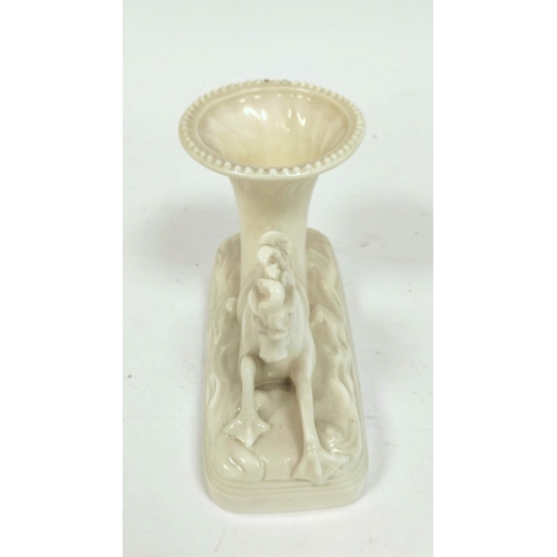 151 - Pair of Belleek cornucopia horse vases on rectangular naturalistic bases, 9cm.