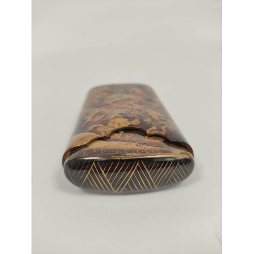 148 - Tortoiseshell lacquered cigar case of rounded rectangular shape, depicting exotic birds, 11cm.