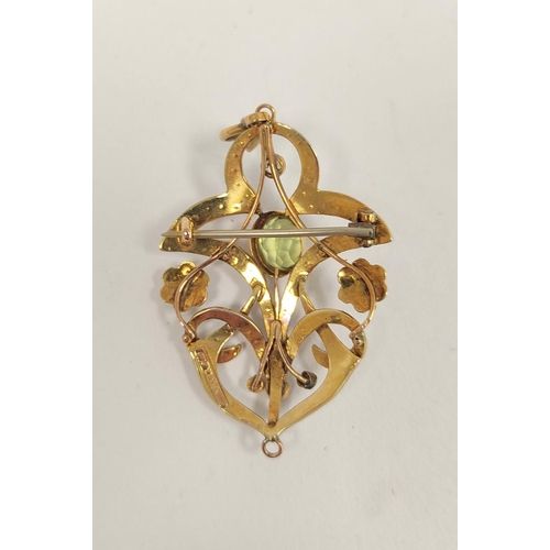 47 - Victorian openwork pendant with oval peridot, scrolls and clusters of pearls, 9ct, 6.1g.