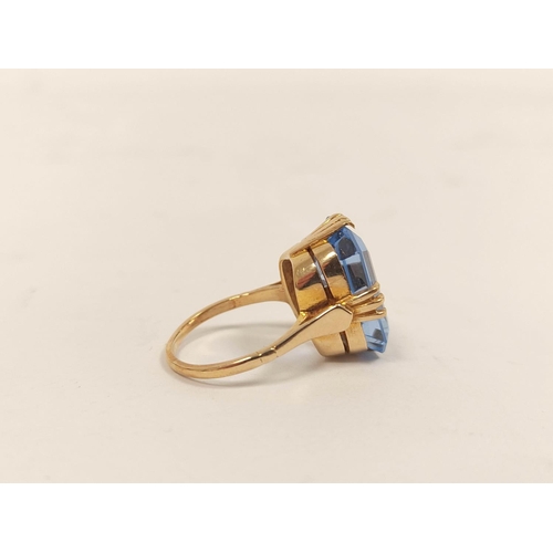 50 - Imitation aquamarine ring, in 9ct gold, size 'P'.