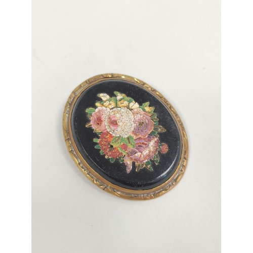 60 - Victorian micro mosaic brooch, with a spray of flowers in gilt metal, a similar more modern brooch, ... 