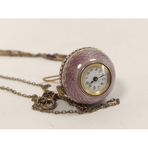 64 - Edwardian silver and enamel ball pendant watch, engraved and enamelled in guilloché, with scrolls, i... 