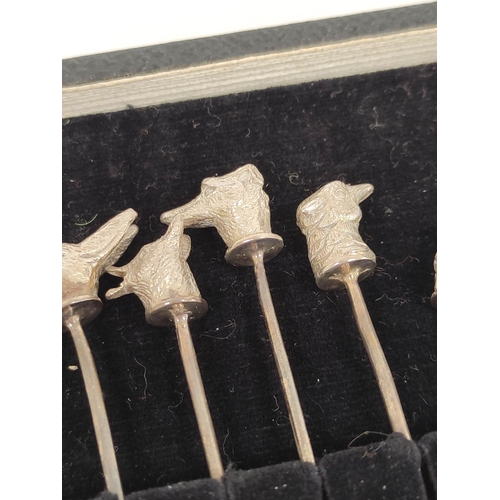 72 - Set of six silver cocktail sticks with finials, modelled as game animals, Birmingham 1960, 31g.