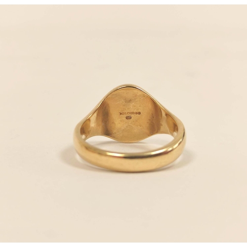 74 - 9ct gold signet ring, half engraved, 8.2g, size 'T'.