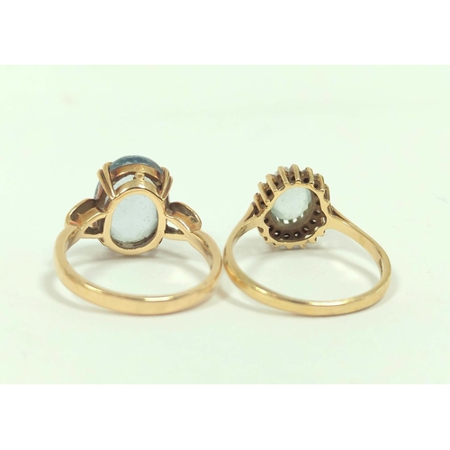 77 - Aquamarine oval ring, and another, both 9ct gold, sizes 'O' and 'P½'.  (2)