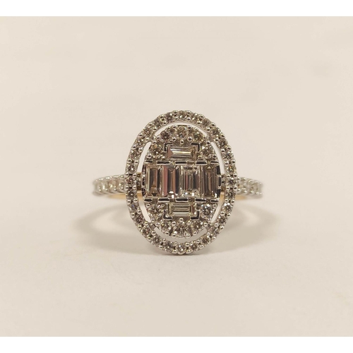 94 - Diamond cluster ring of Art Deco style with baguette and brilliant diamonds, in 9ct gold, size 'N'.