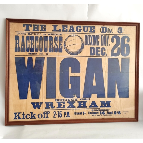 352 - Wrexham football interest, early framed Division Three match poster for Wigan Borough vs Wrexham FC,... 