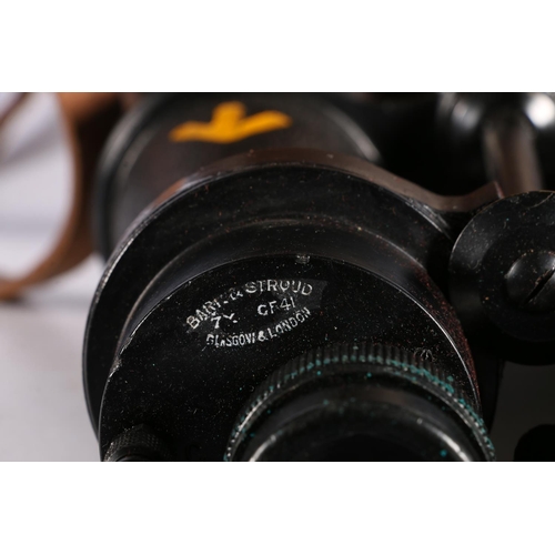 192 - Pair of Barr & Stroud binoculars, marked with broad arrow, 25cm high, along with a travelling ca... 