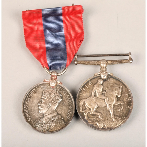 Two British medals, George V Imperial Service medal on ribbon, and WWI  George V British War medal (n