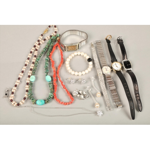 109 - Assorted ladies wrist watches and jewellery, beaded necklaces etc