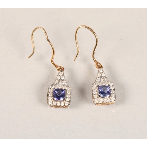 86 - 9ct gold diamond and blue topaz square mounted drop earrings