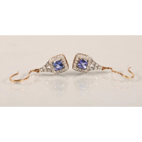 86 - 9ct gold diamond and blue topaz square mounted drop earrings