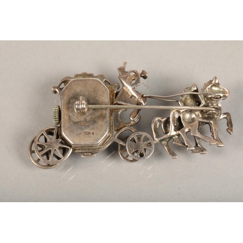 133 - Stirling silver marcasite  horse and carriage brooch with concealed timepiece, weight 26.3g