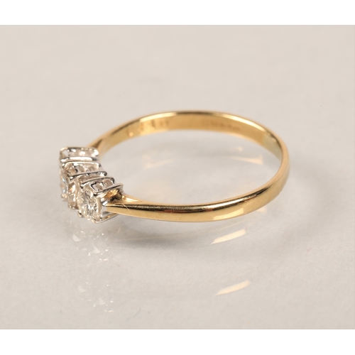 119 - 18 ct yellow gold ring with three diamonds, size J