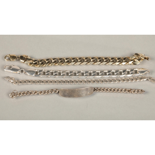 125 - Three silver curb chain bracelets with a gilt metal one(4)